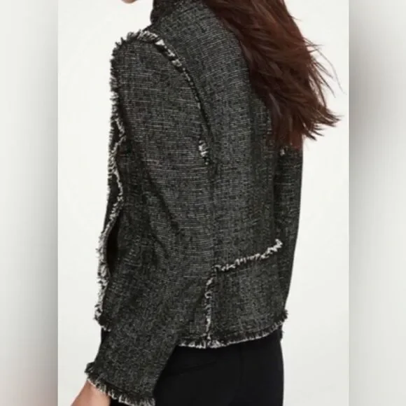 New Ann Taylor Black Tweed Fringe Asymmetrical Zip Moto Jacket Blazer - Picture 3 of 9